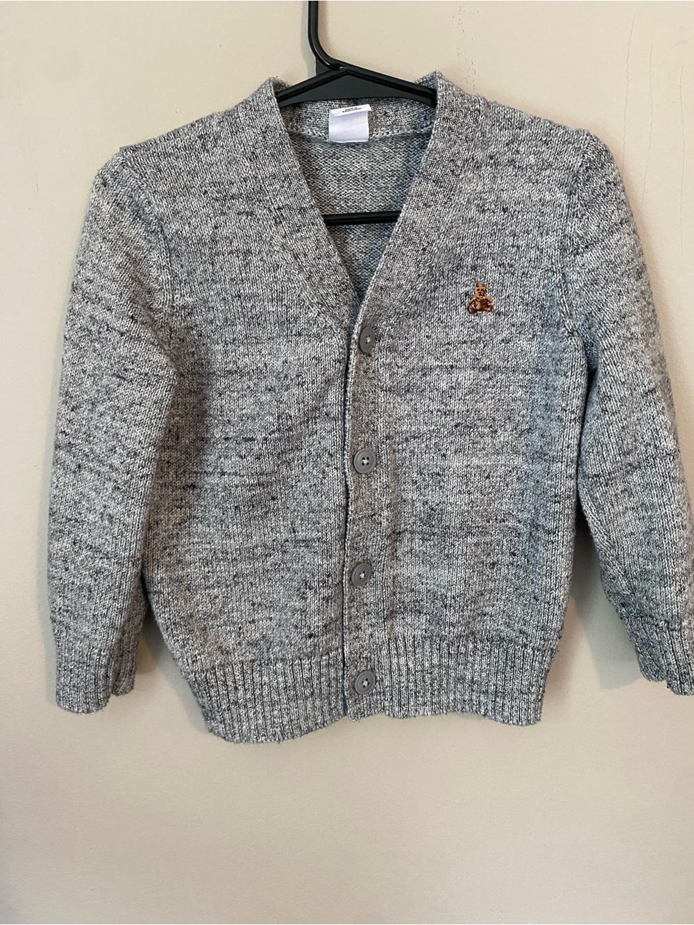 GAP Gray Marled Knit Button-Front Cardigan with Brown Bear Patch